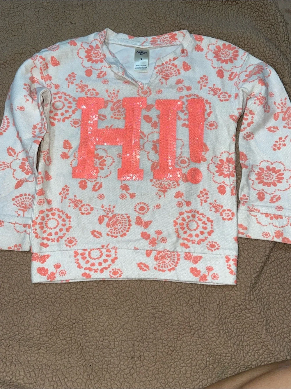 OshKosh B'gosh White Sweatshirt with Coral Sequin 'HI!' and Floral Print